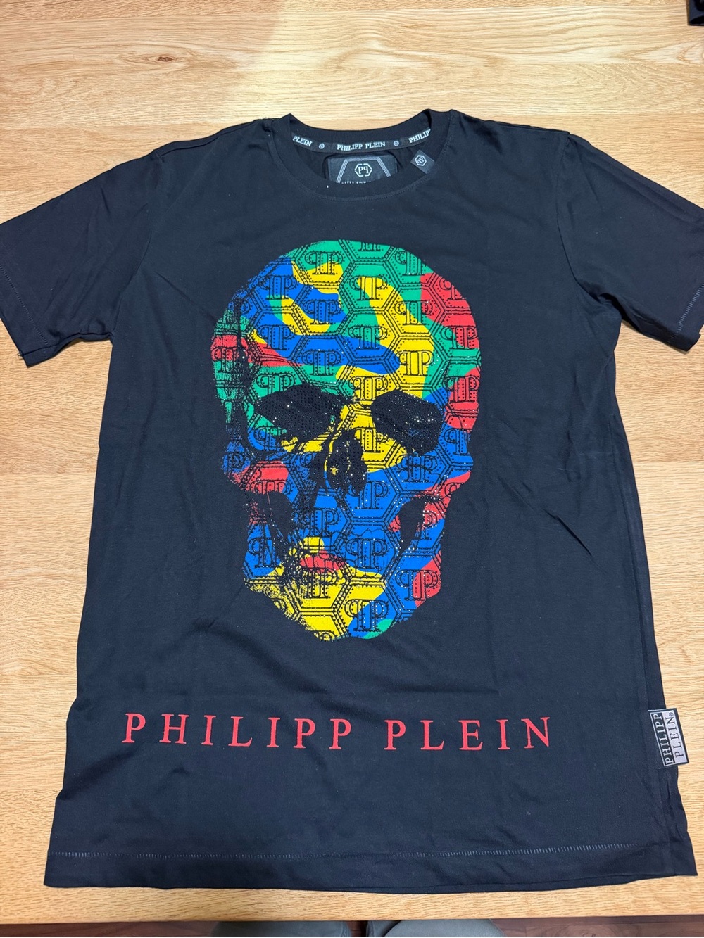 Philipp Plein Black Short-Sleeve Tee with Multicolor Skull
